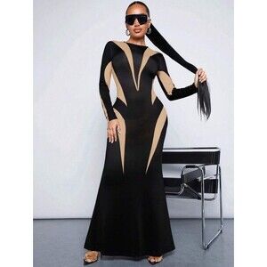 Shein SXY Women  Color Block US 6 Apricot Mesh Fish Tail Long Sleeve Maxi Dress
